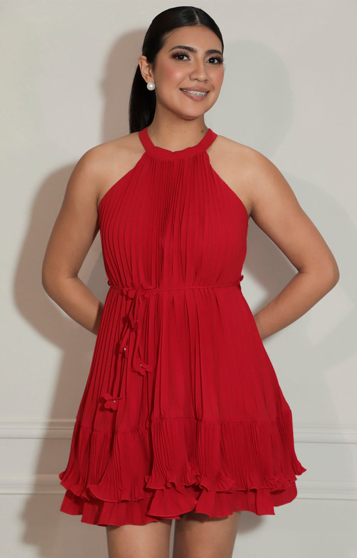 Vestido rojo plisado de cuello halter con lazo y volantes - VESTIDO Boutiquemirel 