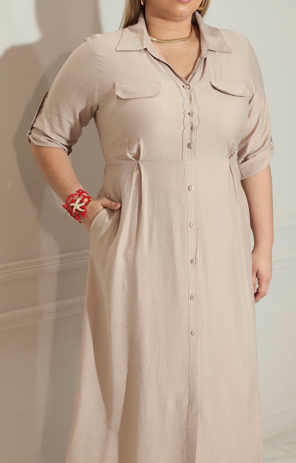 Vestido beige con botones frontal - VESTIDO Boutiquemirel 