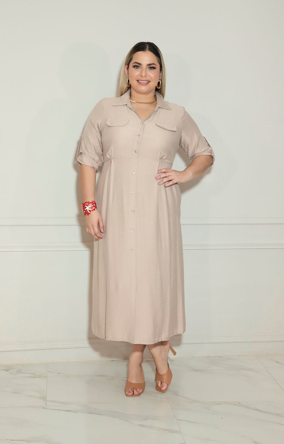 Vestido beige con botones frontal - VESTIDO Boutiquemirel 