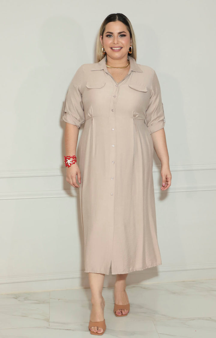 Vestido beige con botones frontal - VESTIDO Boutiquemirel 