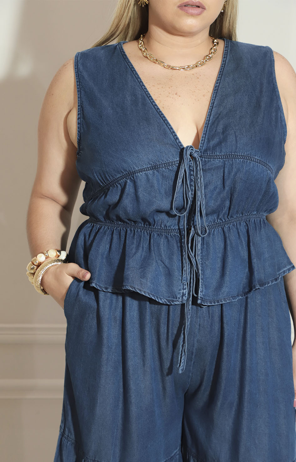 Conjunto de mezclilla con elástico sin mangas y pantalón - CONJUNTO XL Boutiquemirel 