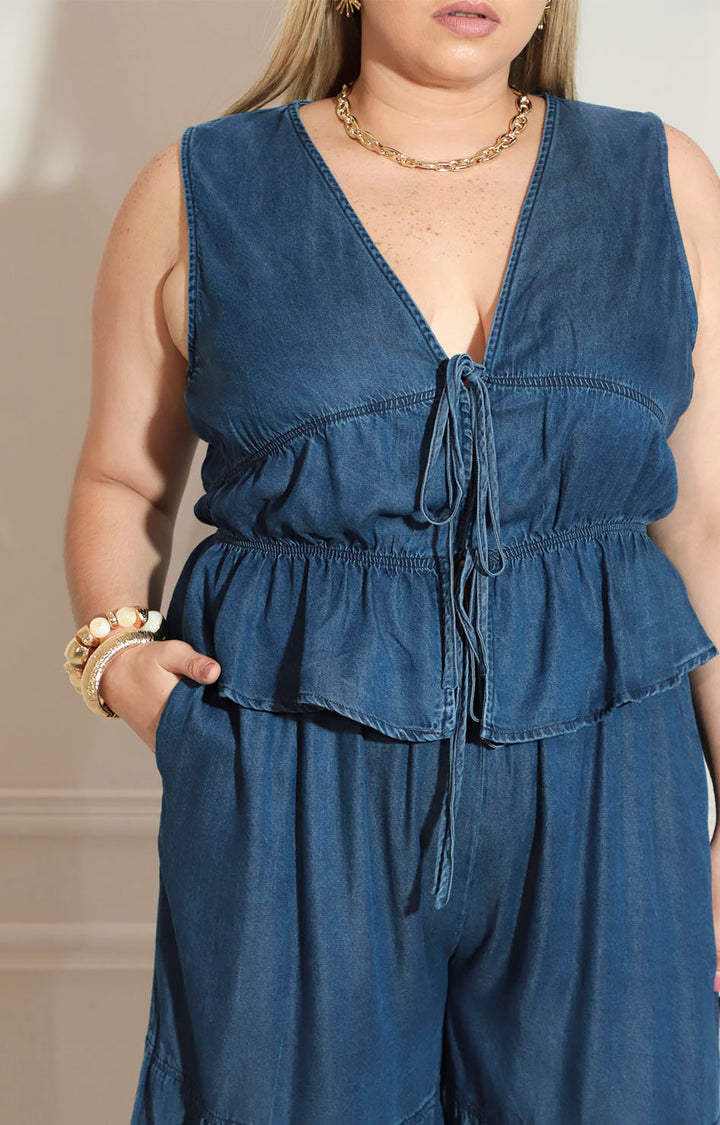 Conjunto de mezclilla con elástico sin mangas y pantalón - CONJUNTO XL Boutiquemirel 