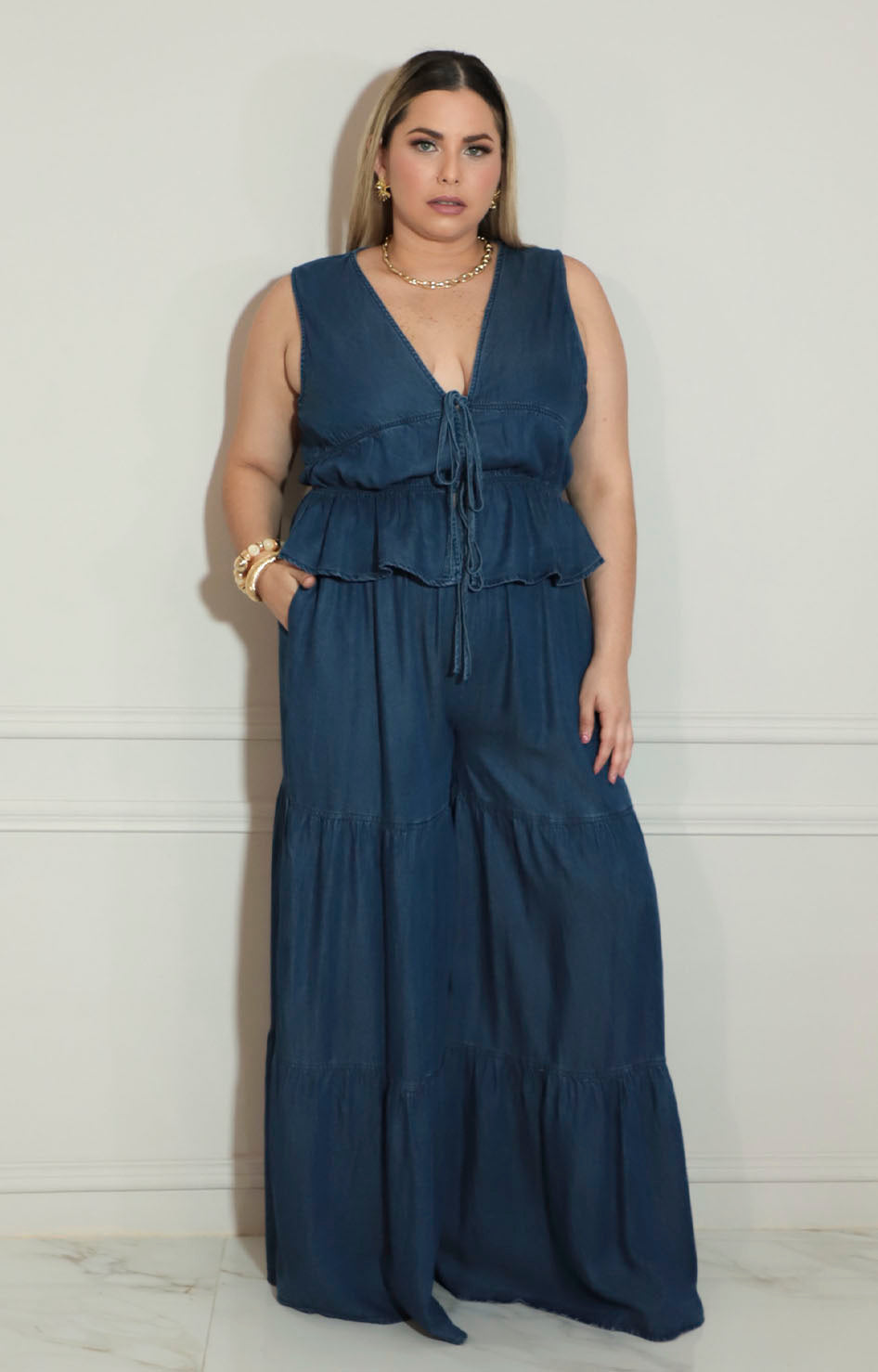 Conjunto de mezclilla con elástico sin mangas y pantalón - CONJUNTO XL Boutiquemirel 