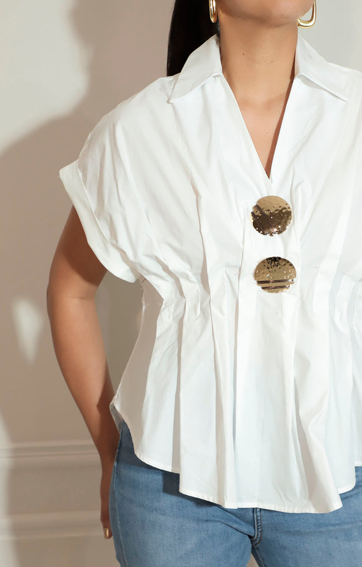 Blusa blanca con pliegues y maxi botones - BLUSA Boutiquemirel 