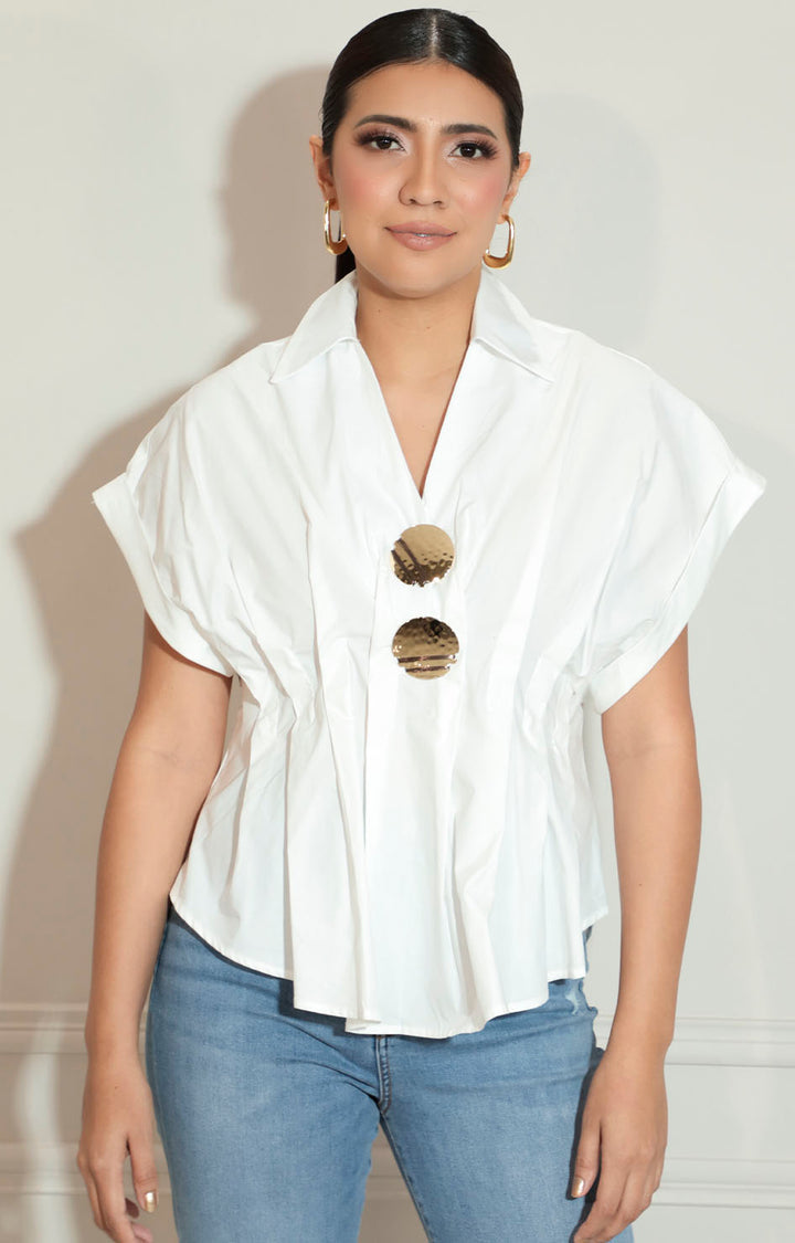 Blusa blanca con pliegues y maxi botones - BLUSA Boutiquemirel 