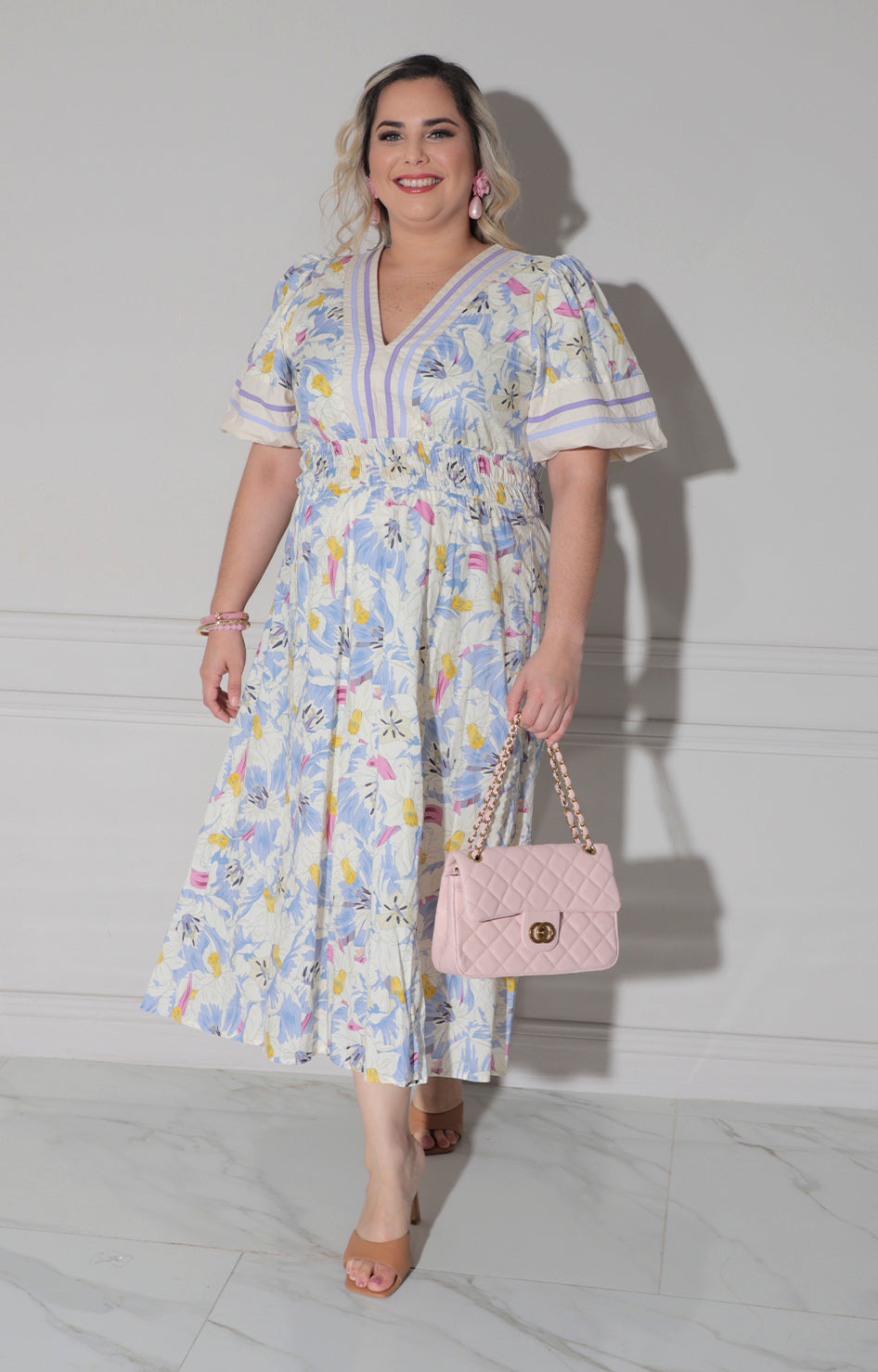 Vestido blanco estampado lila - VESTIDO LARGO CURVY Boutiquemirel 