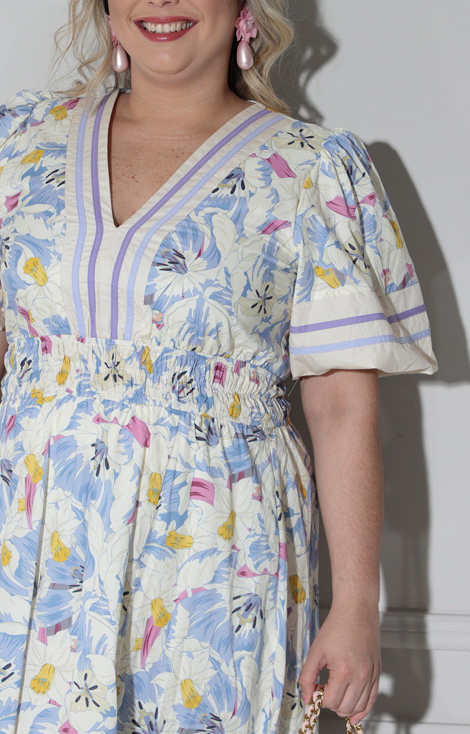 Vestido blanco estampado lila - VESTIDO LARGO CURVY Boutiquemirel 