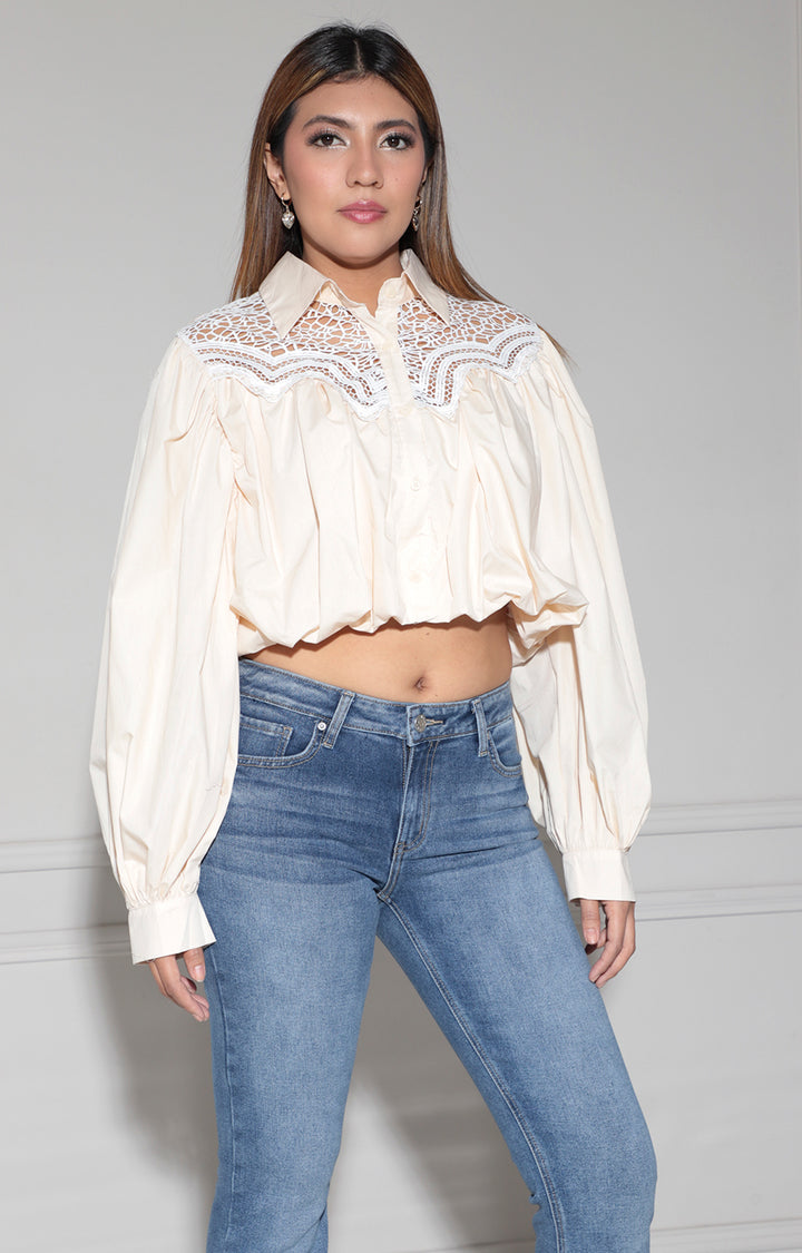 Blusa beige con bordado - BLUSA Boutiquemirel 