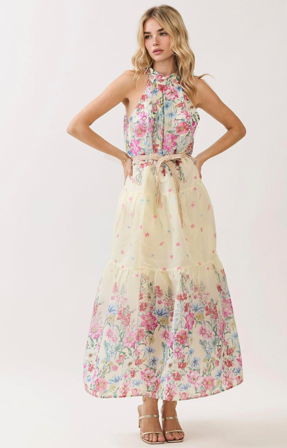 Vestido beige estampado floral - VESTIDO LARGO REGULAR Boutiquemirel 