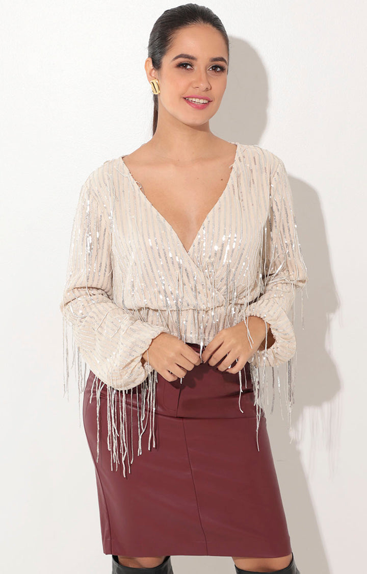 Blusa beige con flecos de lentejuela - BLUSA Boutiquemirel 