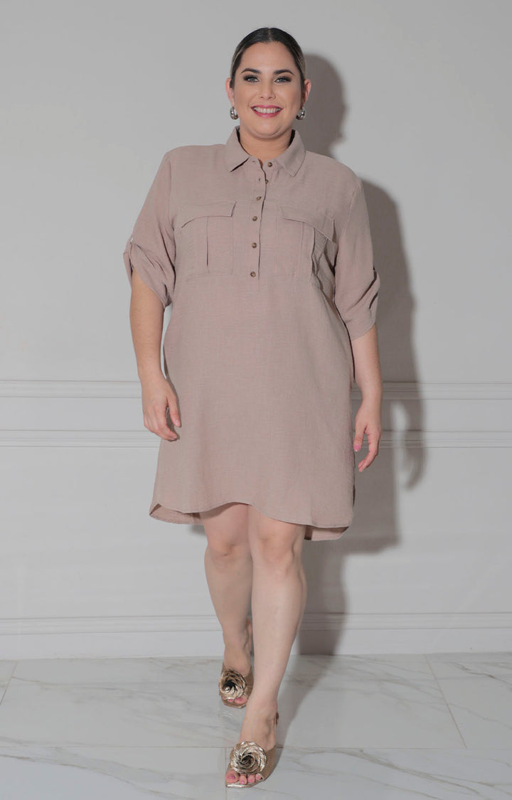 Vestido beige corto con bolsas - VESTIDO CORTO CURVY Boutiquemirel 