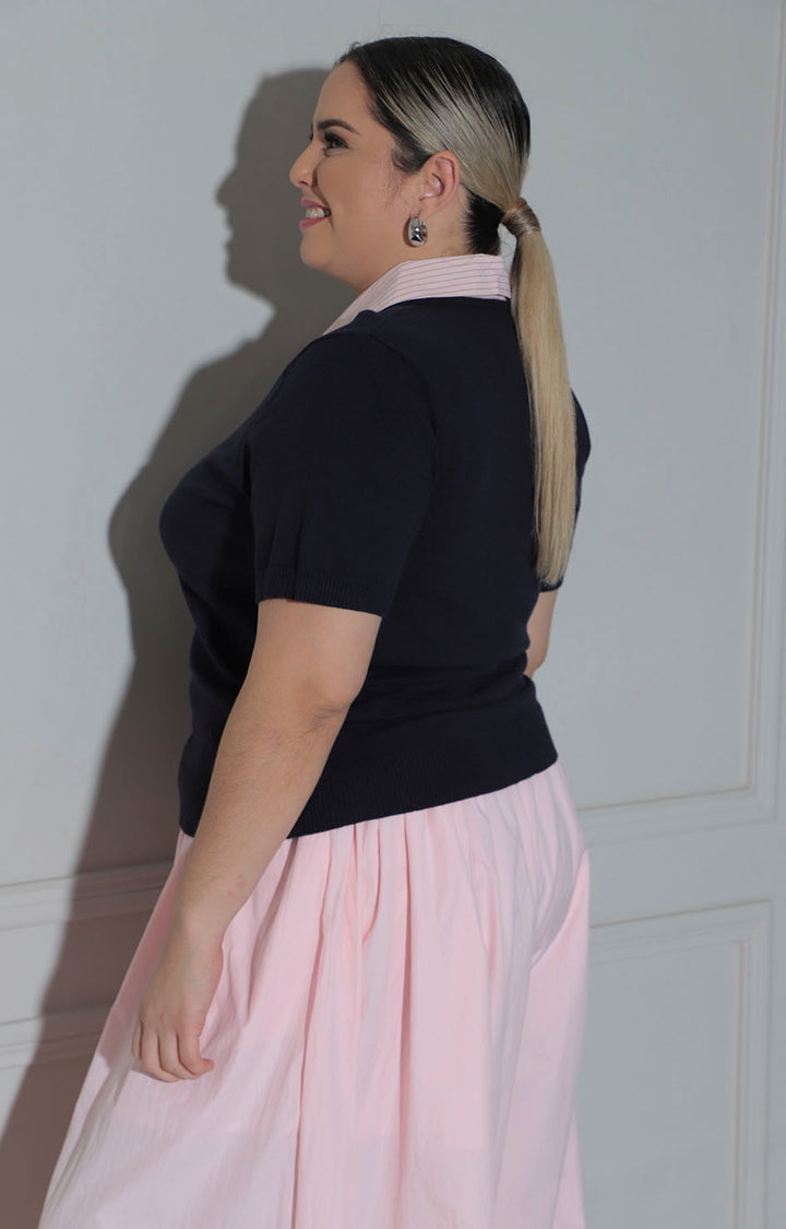Blusa azul con cuello de rayas - BLUSAS CURVY Boutiquemirel 