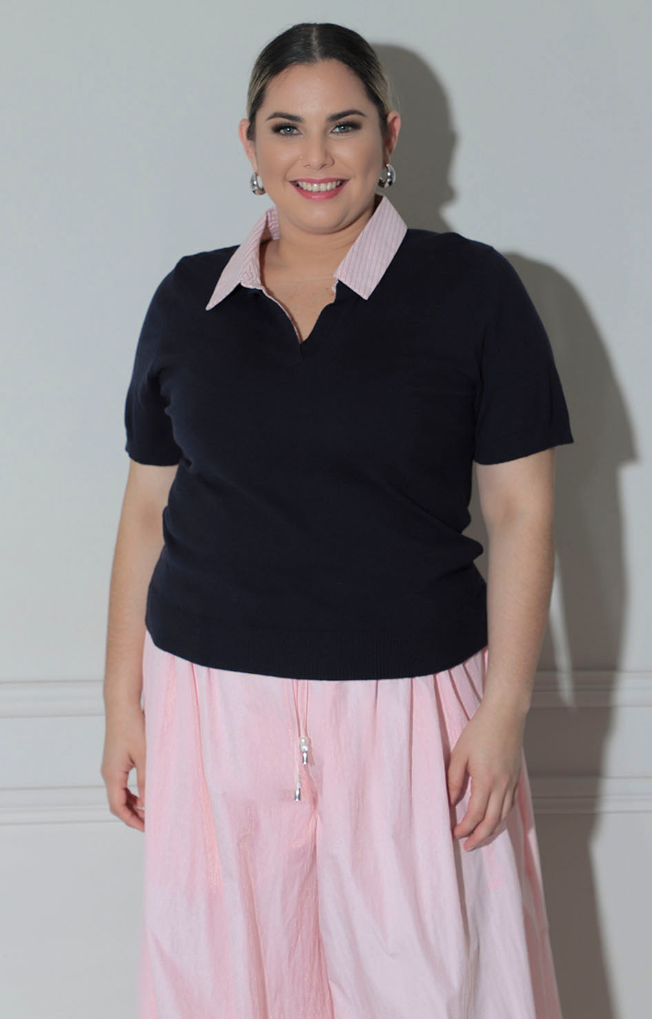 Blusa azul con cuello de rayas - BLUSAS CURVY Boutiquemirel 
