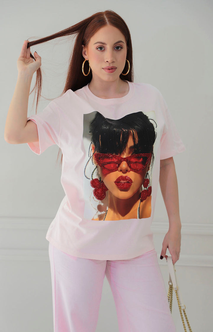 Blusa rosa estampada con brillos - BLUSAS REGULAR Boutiquemirel 