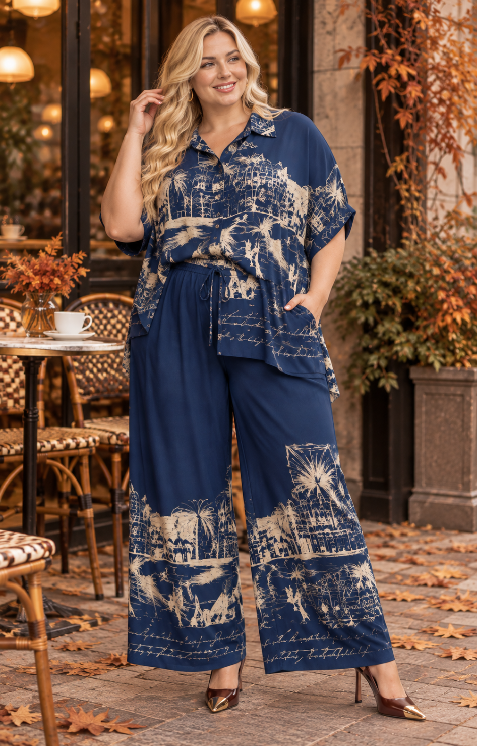 Conjunto azul estampado satinado