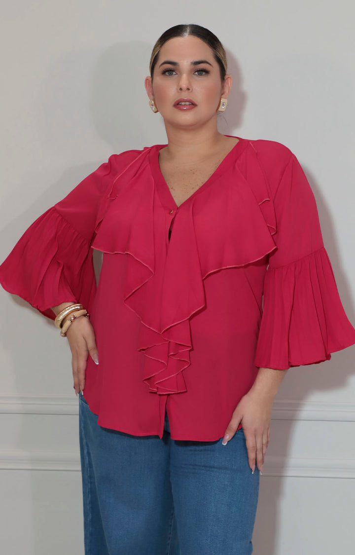 Blusa rojo con olan frontal y manga volante - BLUSA XL Boutiquemirel 
