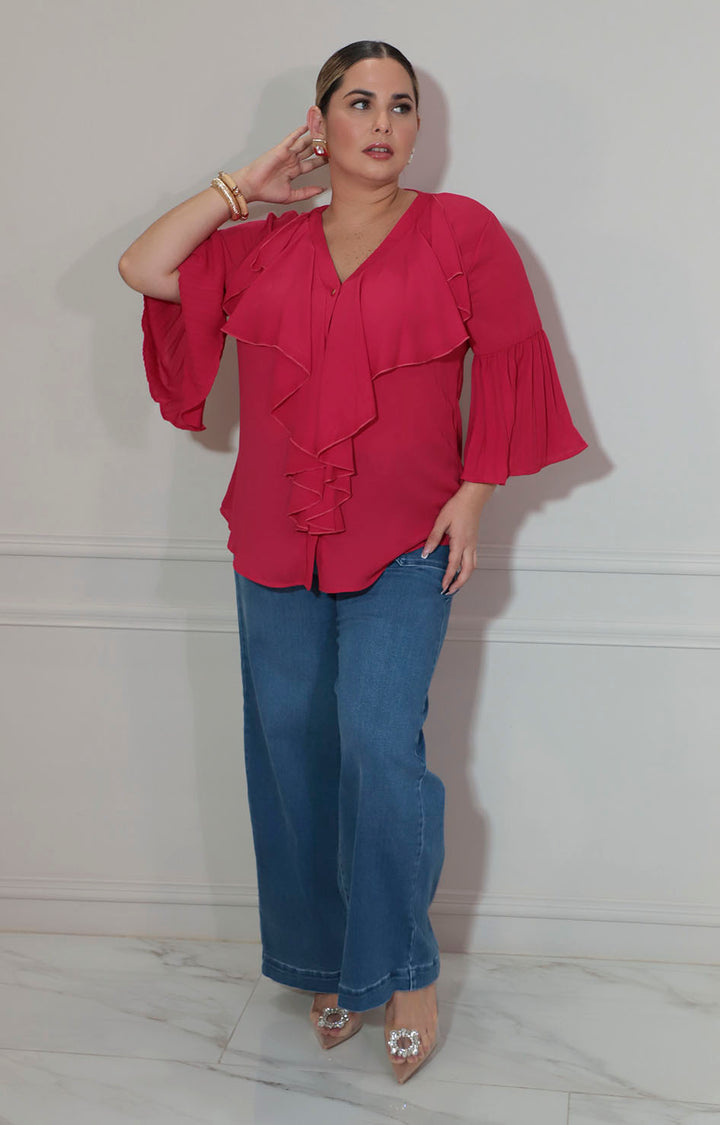 Blusa rojo con olan frontal y manga volante - BLUSA XL Boutiquemirel 