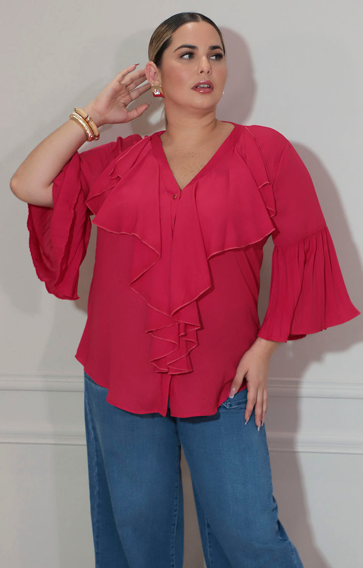 Blusa rojo con olan frontal y manga volante - BLUSA XL Boutiquemirel 