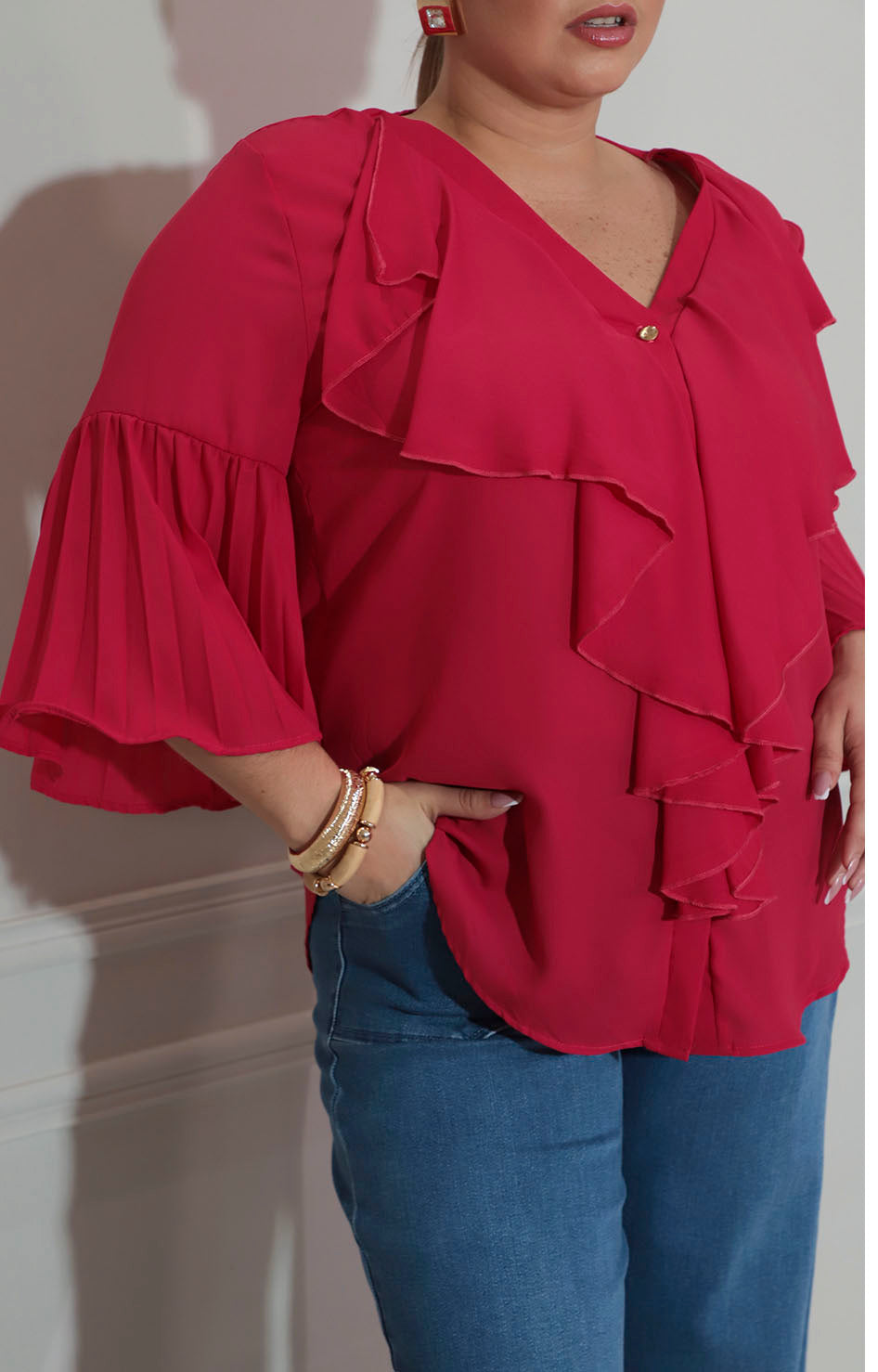 Blusa rojo con olan frontal y manga volante - BLUSA XL Boutiquemirel 