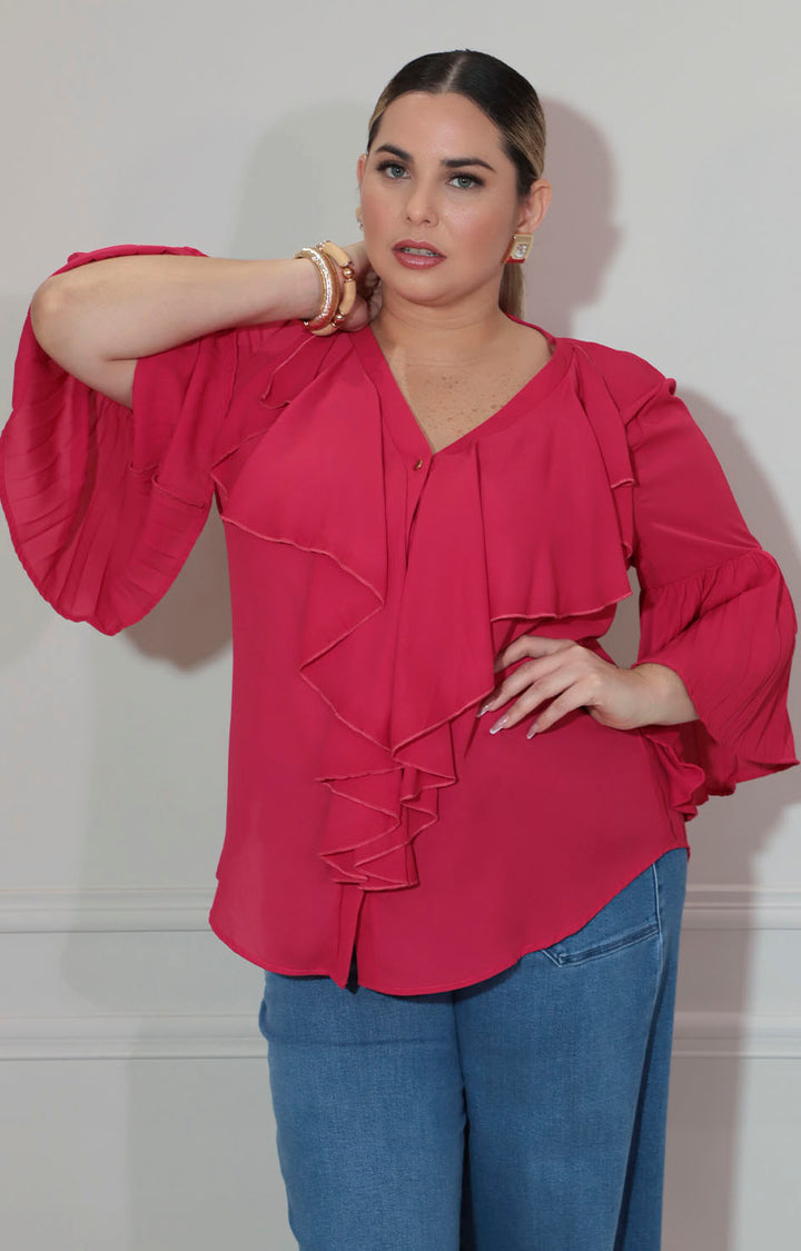 Blusa rojo con olan frontal y manga volante - BLUSA XL Boutiquemirel 