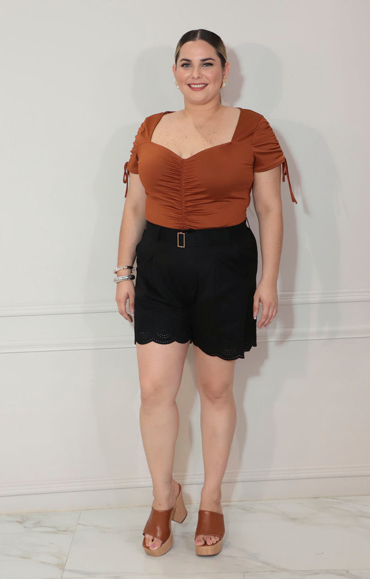 Panty blusa café con corrugado frontal y mangas - BLUSA XL Boutiquemirel 