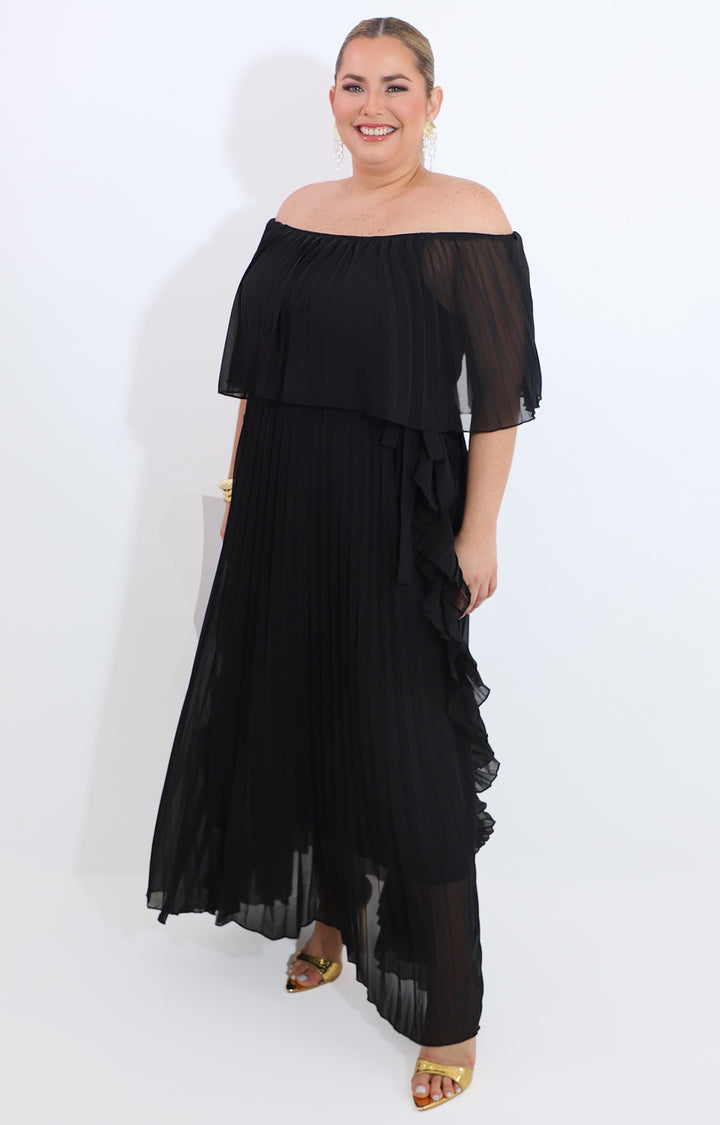 Vestido negro plisado con hombros descubiertos - VESTIDO Boutiquemirel 