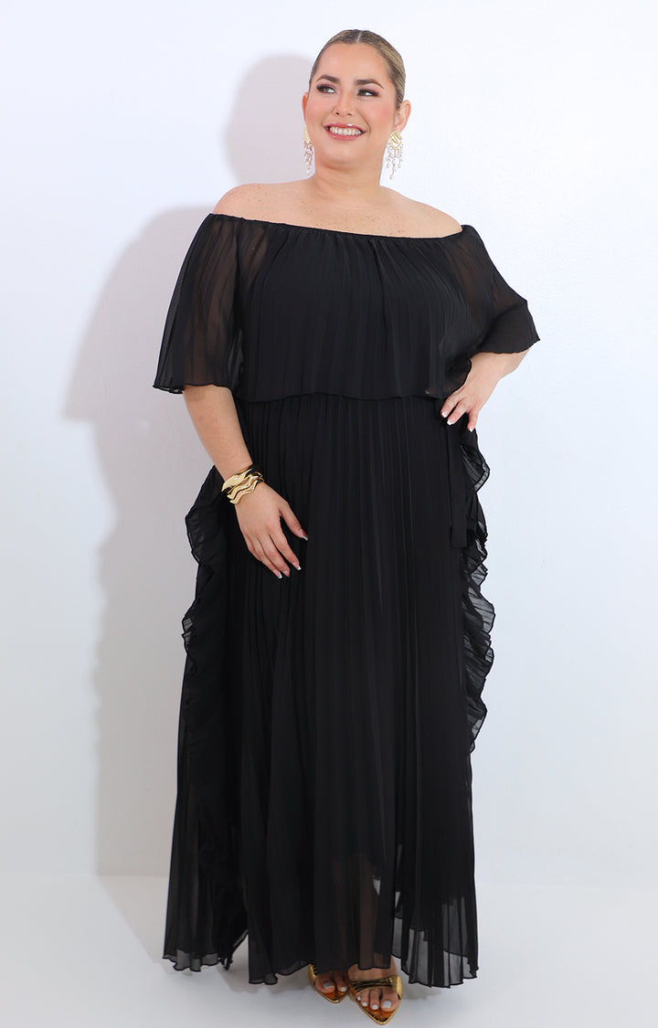 Vestido negro plisado con hombros descubiertos - VESTIDO Boutiquemirel 