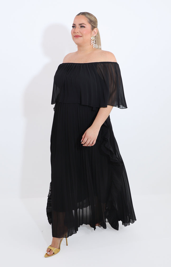 Vestido negro plisado con hombros descubiertos - VESTIDO Boutiquemirel 