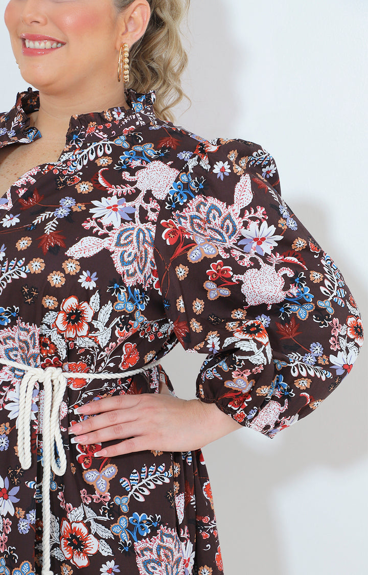 Vestido cafe estampado de flores con lazo - VESTIDO Boutiquemirel 