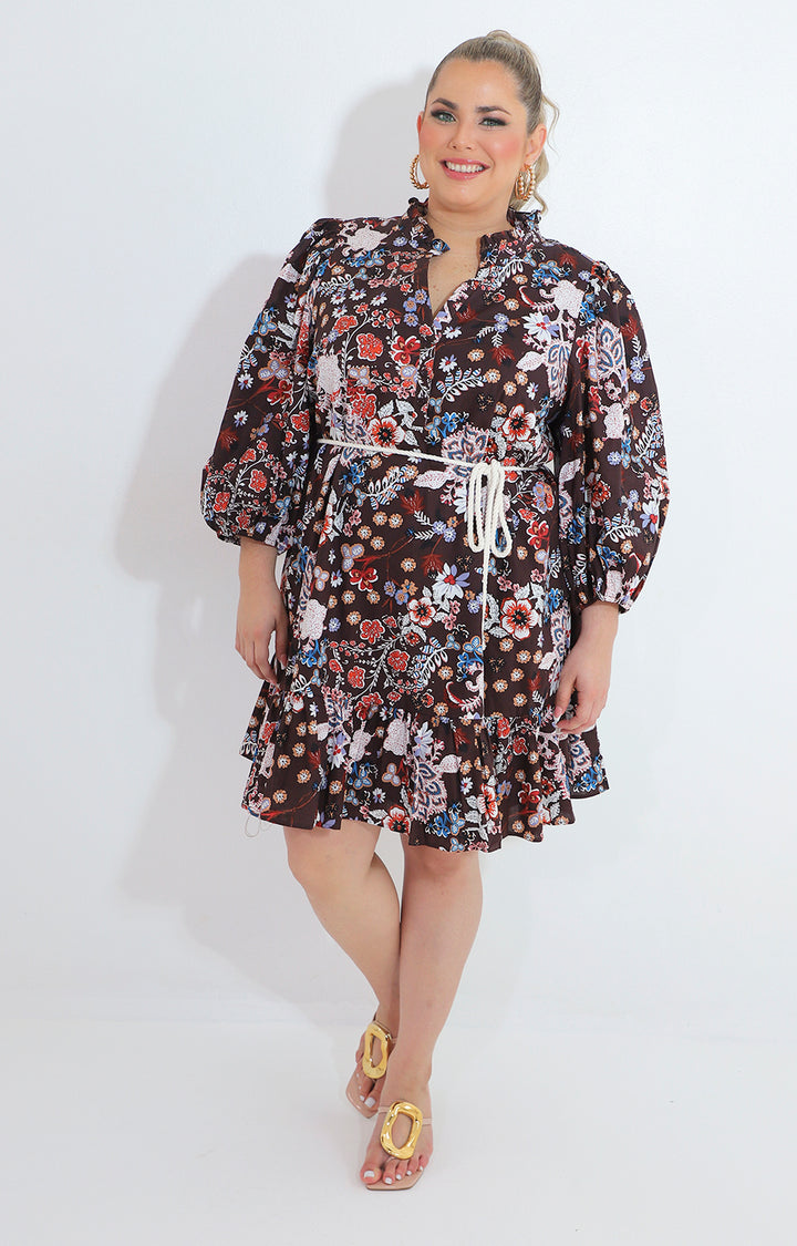 Vestido cafe estampado de flores con lazo - VESTIDO Boutiquemirel 