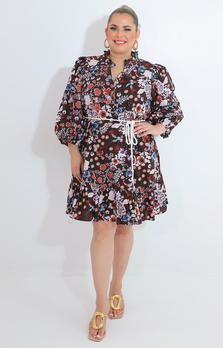 Vestido cafe estampado de flores con lazo - VESTIDO Boutiquemirel 