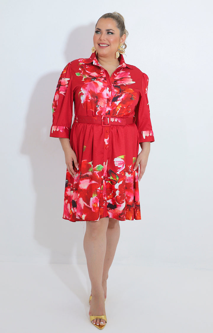 Vestido rojo estampado con cinturon - VESTIDO XL Boutiquemirel 