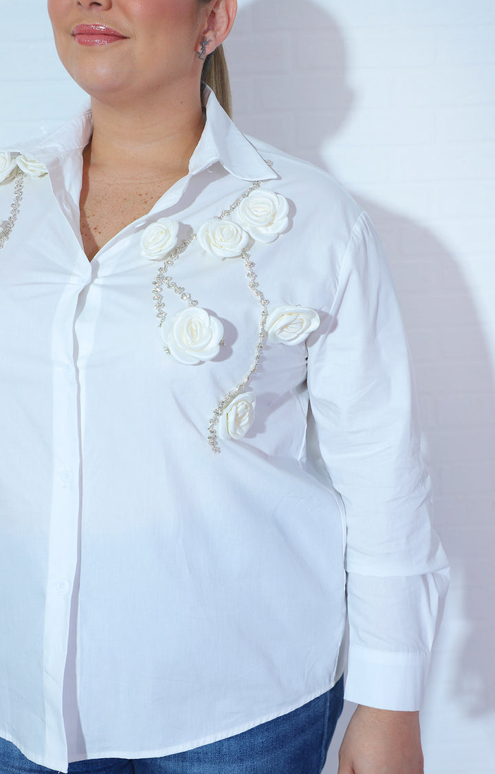 Blusa blanca manga larga con flores 3D y brillos - BLUSA Boutiquemirel 