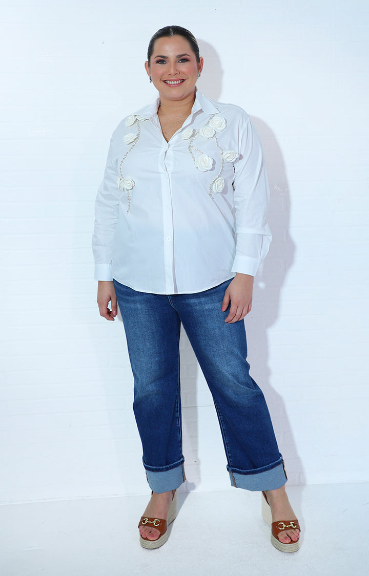 Blusa blanca manga larga con flores 3D y brillos - BLUSA Boutiquemirel 