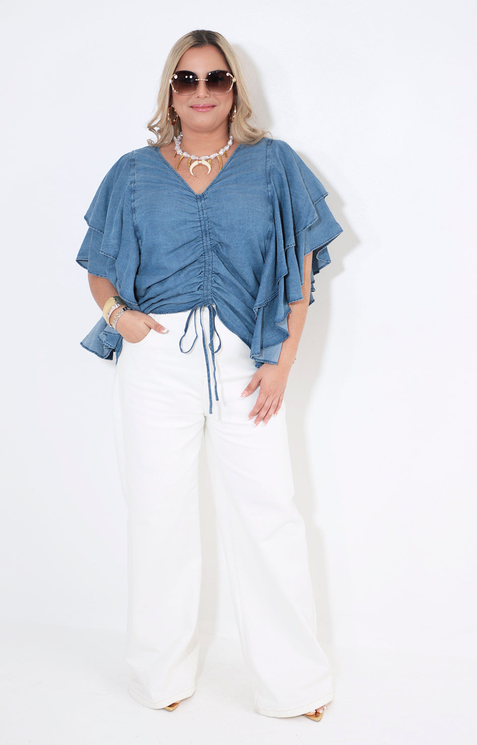 Blusa de mezclilla con volante en mangas - BLUSA Boutiquemirel 