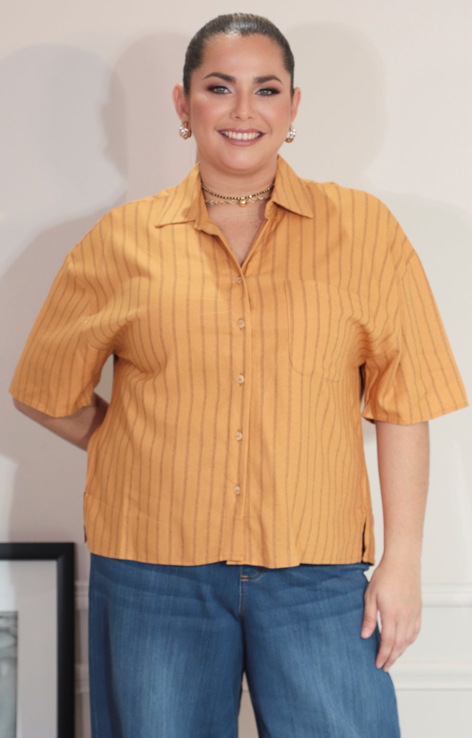 Blusa café de rayas con botones - BLUSA Boutiquemirel 