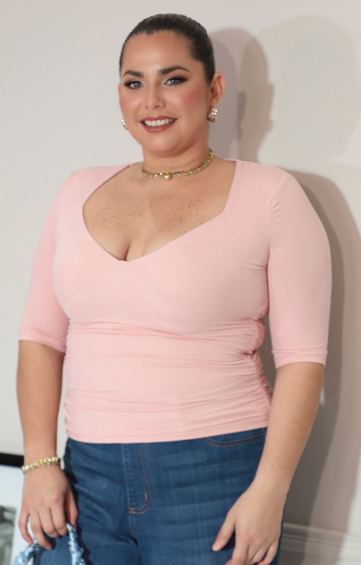 Blusa rosa con manga y cuello v - BLUSA Boutiquemirel 