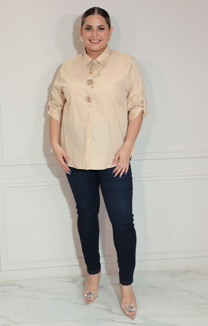 Blusa beige de botones asimetricos con manga - BLUSA XL Boutiquemirel 