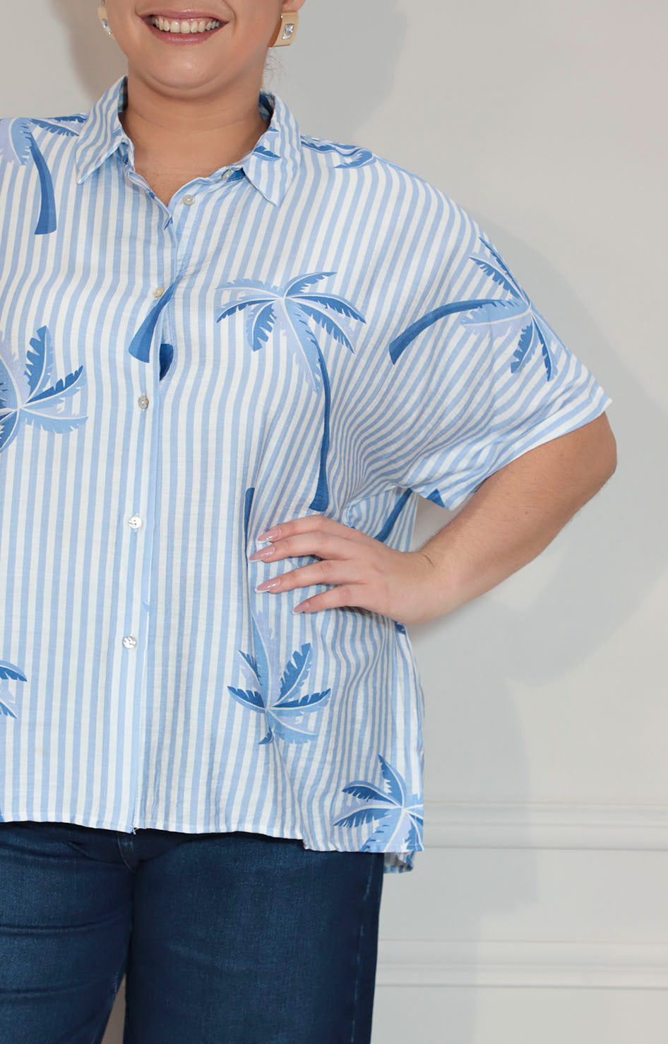 Blusa azul de botones estampada tropical - BLUSA XL Boutiquemirel 