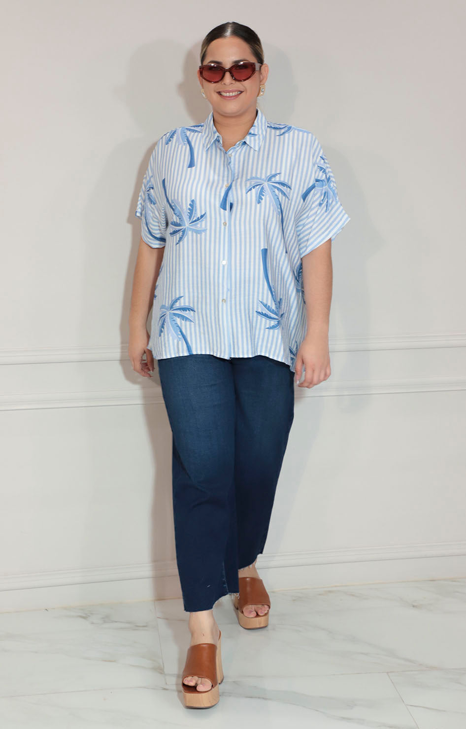 Blusa azul de botones estampada tropical - BLUSA XL Boutiquemirel 