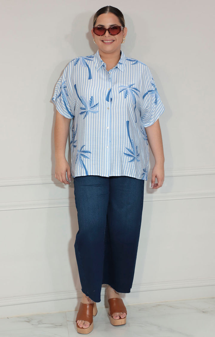 Blusa azul de botones estampada tropical - BLUSA XL Boutiquemirel 