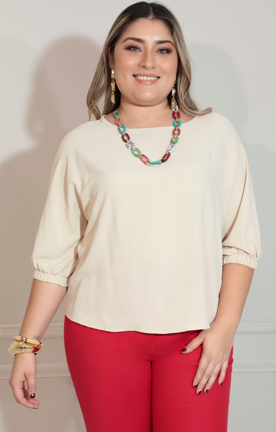 Blusa beige con manga larga y collar - BLUSA XL Boutiquemirel 