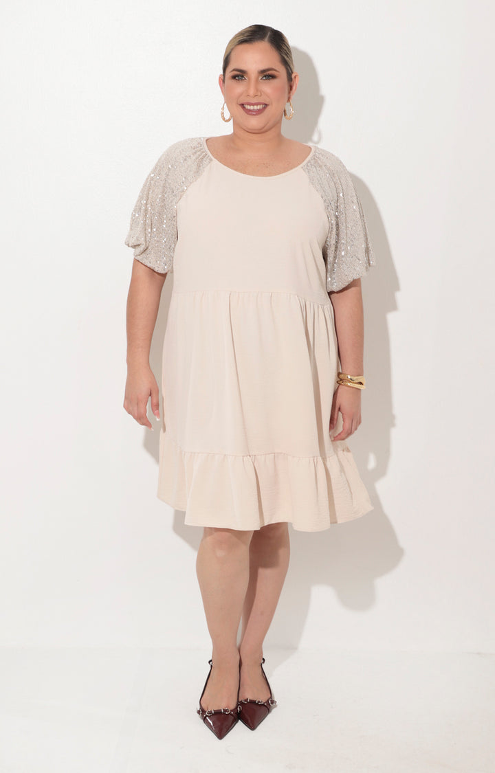 Vestido beige con manga de lentejuela - VESTIDO Boutiquemirel 