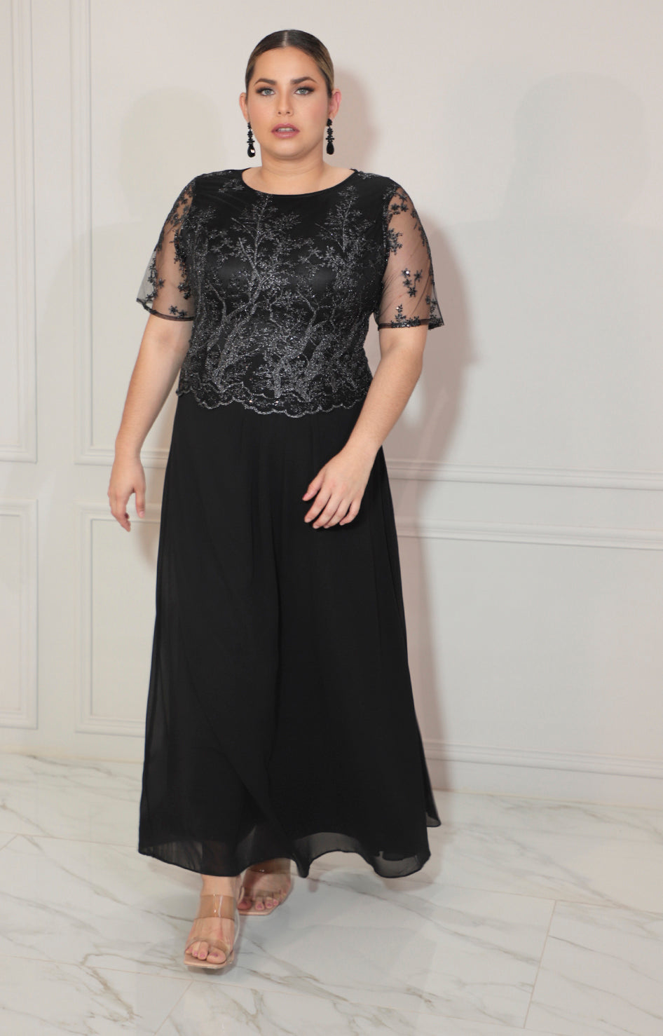 Vestido negro largo con mangas y brillos - VESTIDO Boutiquemirel 