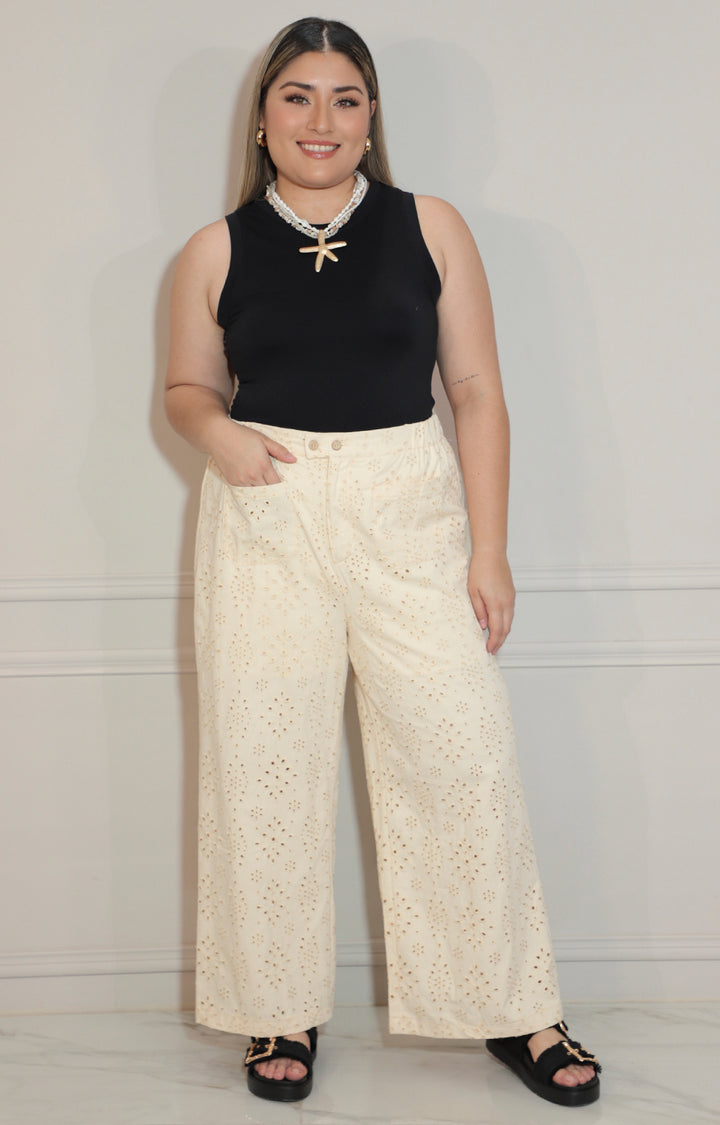 Pantalón beige con bordado y bolsas frontal - PANTALON XL Boutiquemirel 