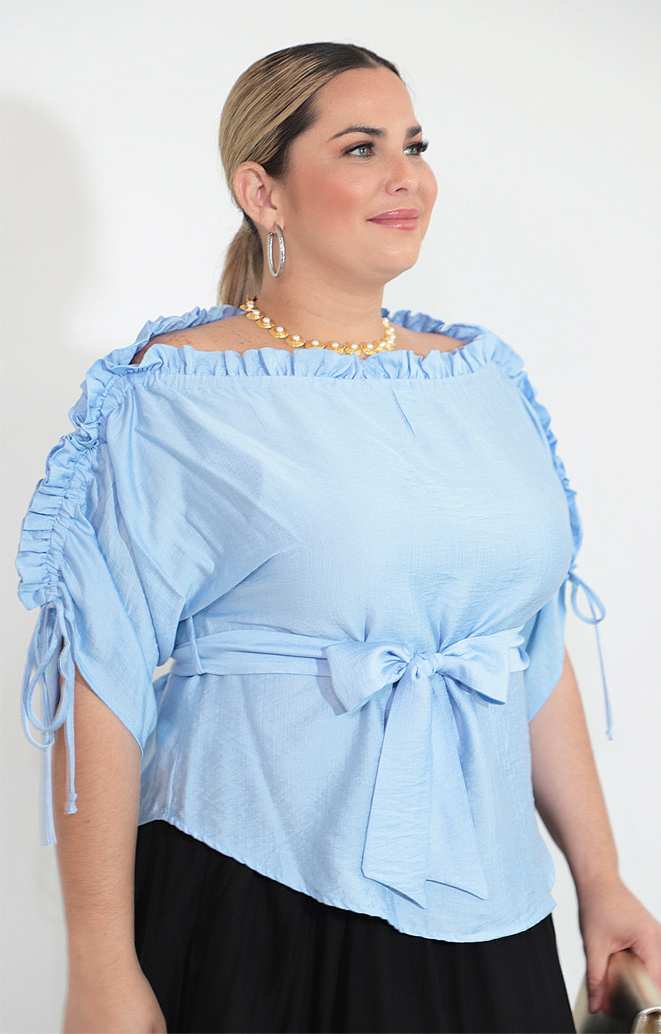 Blusa azul con corrugado superior con lazo - BLUSA Boutiquemirel 