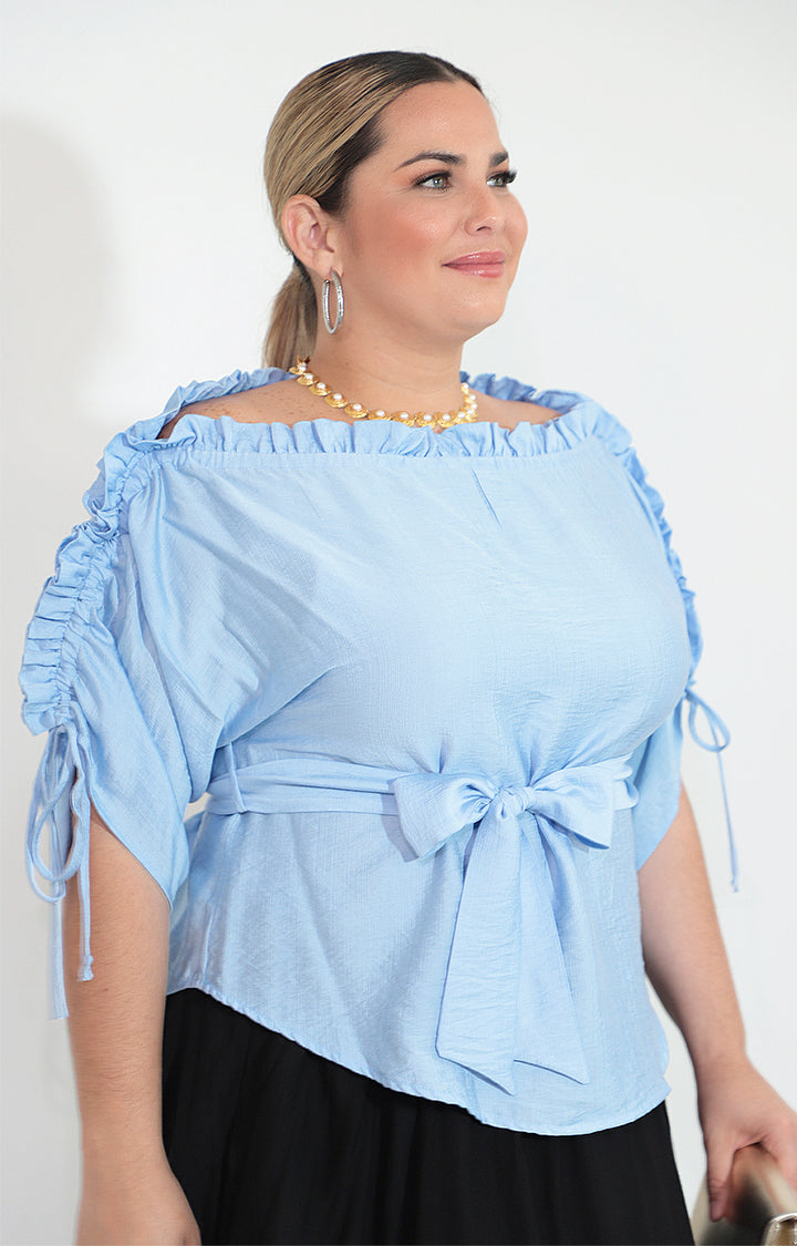 Blusa azul con corrugado superior con lazo - BLUSA Boutiquemirel 