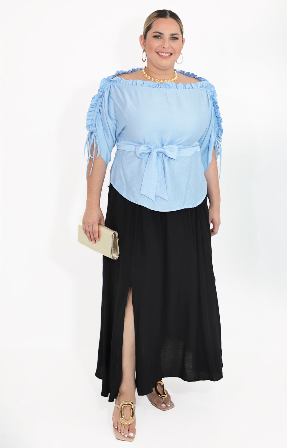 Blusa azul con corrugado superior con lazo - BLUSA Boutiquemirel 