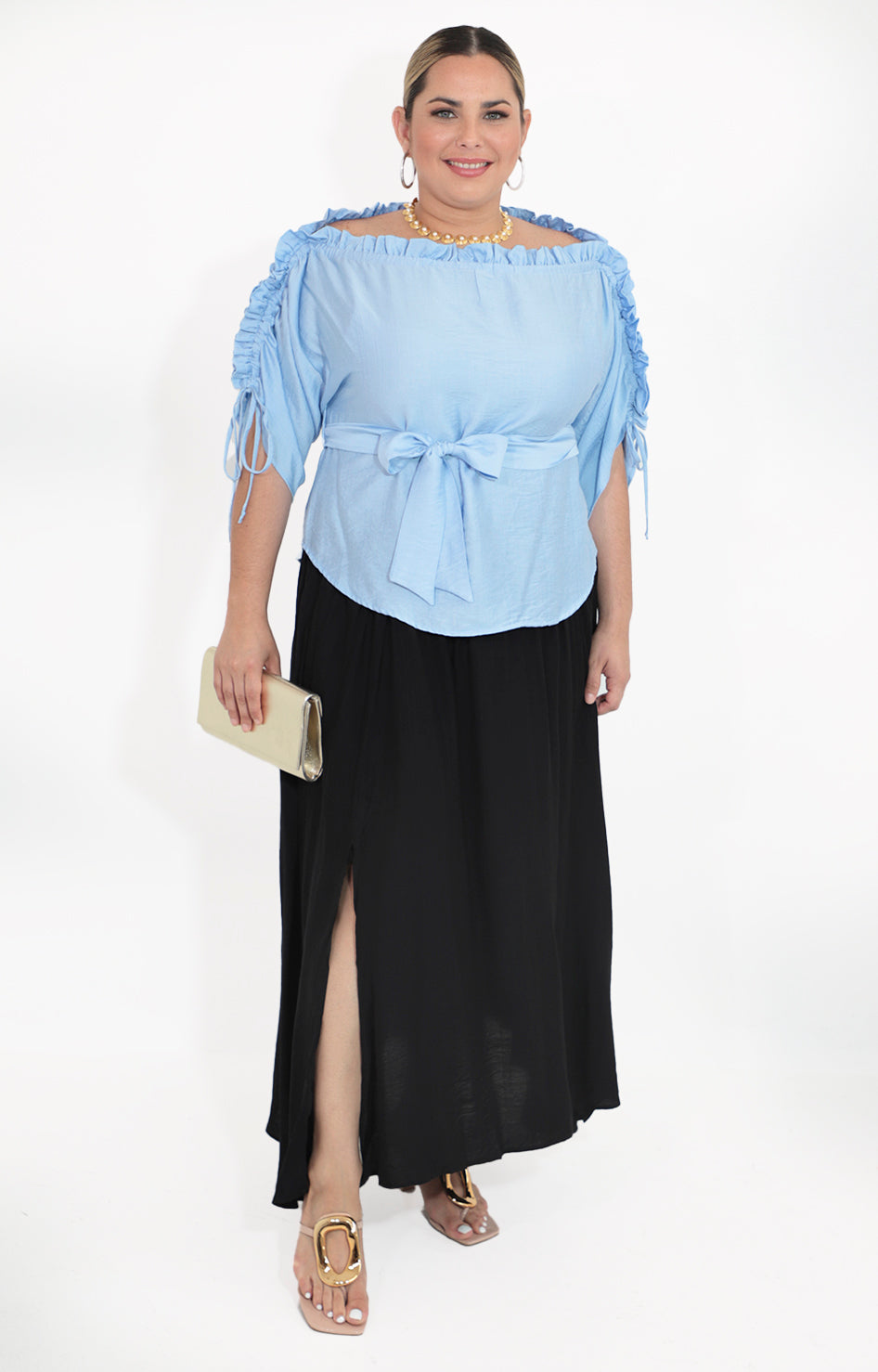 Blusa azul con corrugado superior con lazo - BLUSA Boutiquemirel 