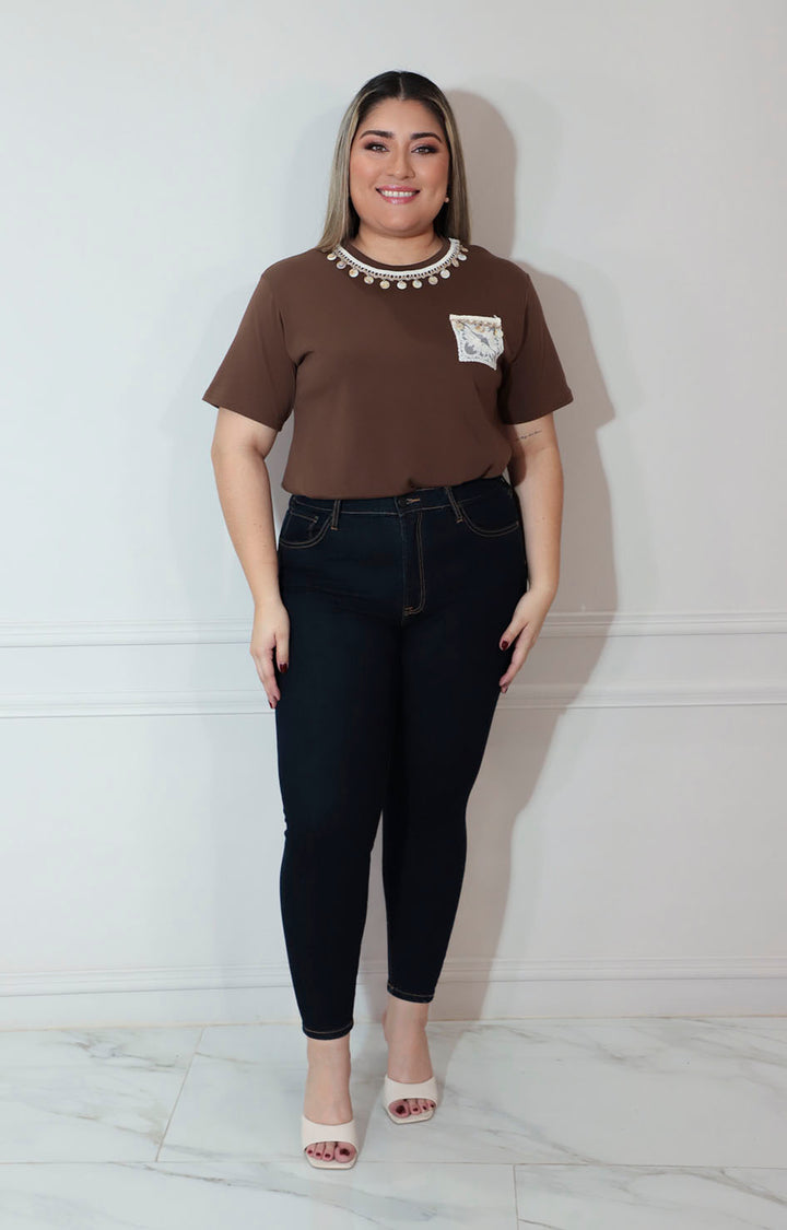 Blusa café con bordado y aplicaciones superior - BLUSA XL Boutiquemirel 